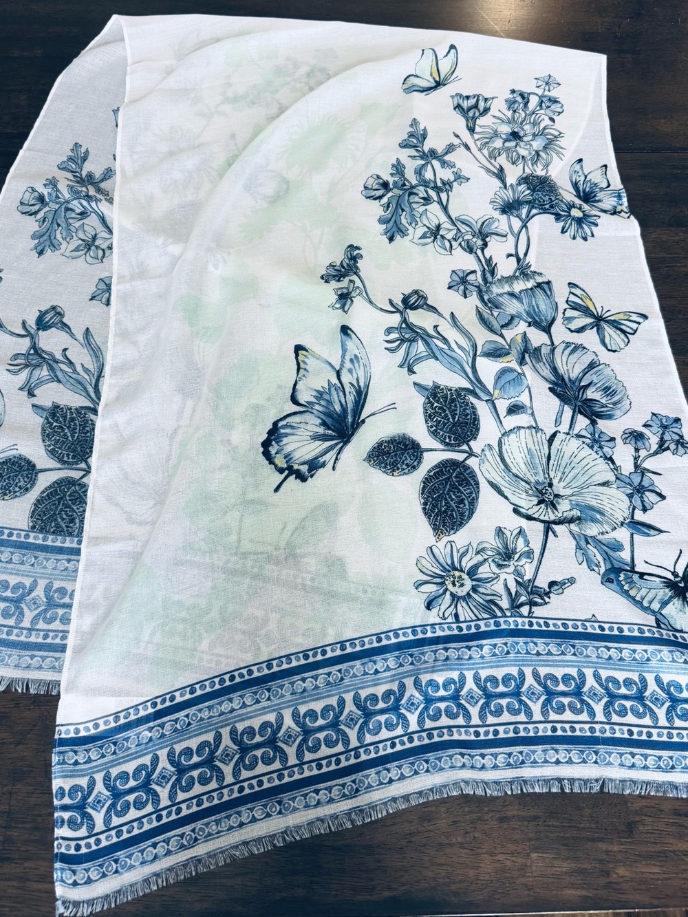 Chico’s Blue Butterfly Floral Sheer Scarf Wrap